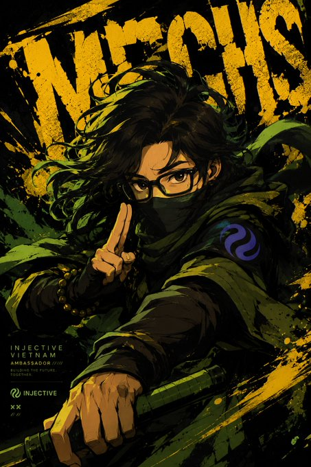 Stylized anime-style artwork featuring a masked character in green tactical gear holding up a peace sign, with the text 'INJECTIVE' and 'INJECTIVE VIETNAM AMBASSADOR'.