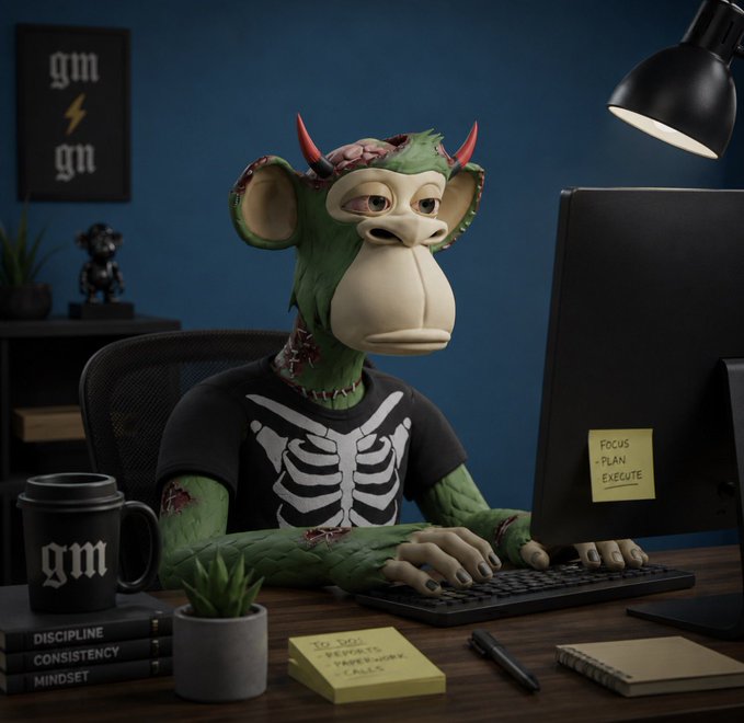 A 3D-rendered, stitched green monster wearing a skeleton t-shirt types at a desk with a mug labeled 'gm' and sticky notes reading 'FOCUS - PLAN - EXECUTE' and 'TO DO: REPORTS, POSITIONS, CALLS'.