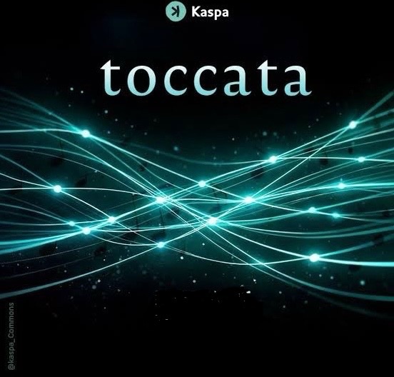 Promotional graphic for 'toccata' on the Kaspa blockchain, featuring an abstract cyan light wave design.