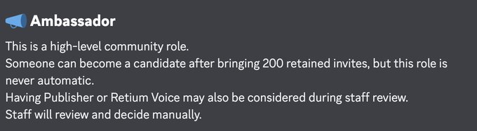 A screenshot of a community role description titled 'Ambassador' explaining that it is a high-level role requiring 200 retained invites and manual staff review.