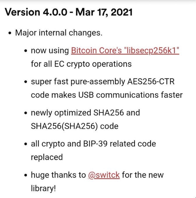 A release notes screenshot for Version 4.0.0 (March 17, 2021) highlights major internal changes, including the adoption of Bitcoin Core's "libsecp256k1" for EC crypto operations, optimized assembly AES256-CTR and SHA256 code, and replacement of BIP-39 related code, with credit given to @switck for the new library—which the accompanying post sarcastically refers to as "back-doored."