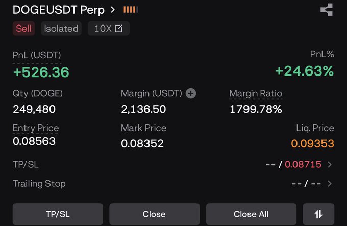 A screenshot of a DOGEUSDT Perp short position showing a PnL of +526.36 USDT (+24.63%) on 249,480 DOGE at 10X isolated margin, confirming the post's claim of earning $500 overnight on a successful DOGE short trade.