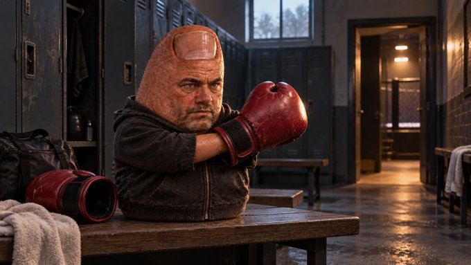 A surreal image of a person with a large, cylindrical, bald head wearing a denim jacket and a single red boxing glove, posed in a locker room.