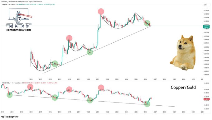 The image displays a TradingView chart comparing the Dogecoin/XAU (Gold) ratio with the Copper/Gold ratio, featuring the DOGE/USD ticker with annotations of green and red circles marking key trend points, alongside Shiba Inu and cat mascots with "cantonmeow.com" branding. The post "Dogecoin, people expecting this trend #DOGE" relates to the chart's highlighted bullish pattern in the Dogecoin-to-Gold ratio, suggesting traders are anticipating a similar upward trajectory based on the visible trend lines and breakout points marked across the multi-year timeframe.