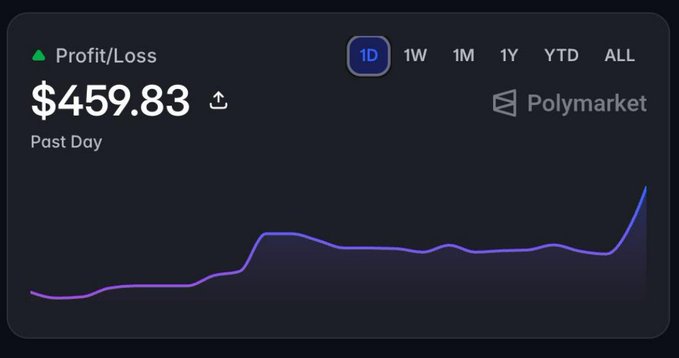 A dark-themed Profit/Loss dashboard widget showing $459.83 for the past day from Polymarket, with a purple line graph trending upward and time period options (1D, 1W, 1M, 1Y, YTD, ALL).