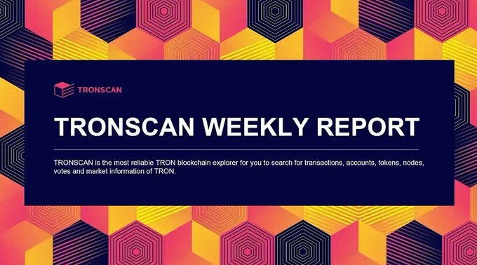 A graphic banner titled 'TRONSCAN WEEKLY REPORT' with the Tronscan logo, describing it as 'the most reliable TRON blockchain explorer' for searching transactions, accounts, and tokens, set against a colorful geometric background.