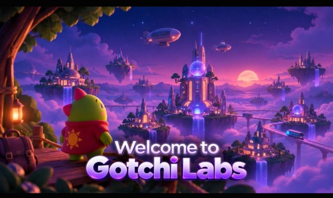 A vibrant fantasy illustration titled 'Welcome to Gotchi Labs' showing a green creature with a red cape looking out over a magical floating island kingdom with castles, waterfalls, and airships at sunset.