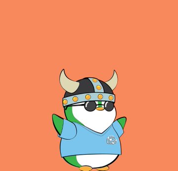 A cartoon penguin character with green body wearing sunglasses, a Viking helmet with horns, and a blue shirt, set against an orange background.