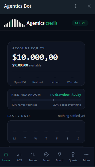 A mobile app interface for 'Agentics Bot' showing an account equity of $10,000.00 with all metrics blank and the status marked as ACTIVE.