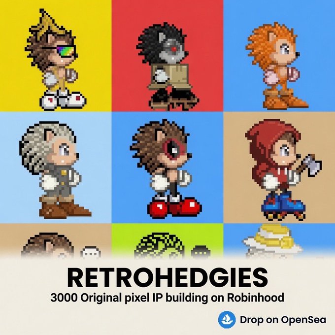 A pixel art promotional graphic featuring a 3x3 grid of hedgehog character sprites, with the bottom row partially faded, alongside the text "RETROHEDGIES - 3000 Original pixel IP building on Robinhood" and an OpenSea logo. The image advertises an upcoming NFT drop for Retrohedgies, a collection of 3,000 pixel art hedgehog characters, as detailed in the accompanying post announcing the August 9th mint.