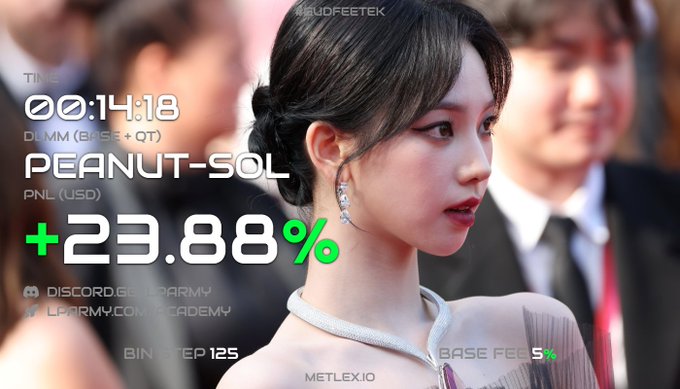 A promotional graphic featuring an Asian woman with the text 'PEANUT-SOL', showing a 'PNL (USD) +23.88%', alongside links to DISCORD.GG/LPARMY and LPARMY.COM/ACADEMY.
