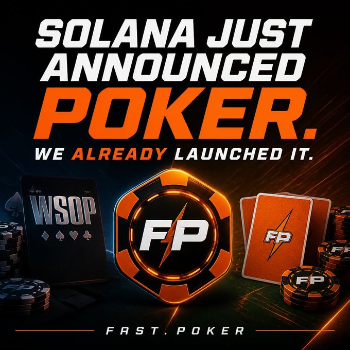 The image features a black background with an orange circle that reads "SOLANA JUIS JUST ANNOUNCED POKER. WE ALREADY LAUNCHED IT." Below this, there are two poker chips placed on a table, one of which is a "FAST.Poker" card. The text in the image suggests that the content is related to playing poker and possibly advertising for a poker-related product or service.