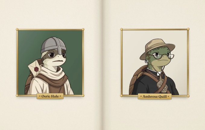 Two framed character portraits displayed side by side against a beige background. The left portrait is labeled 'Osric Hale' showing a creature in a helmet, and the right is 'Ambrose Quill' showing a frog-like character in a hat and glasses.