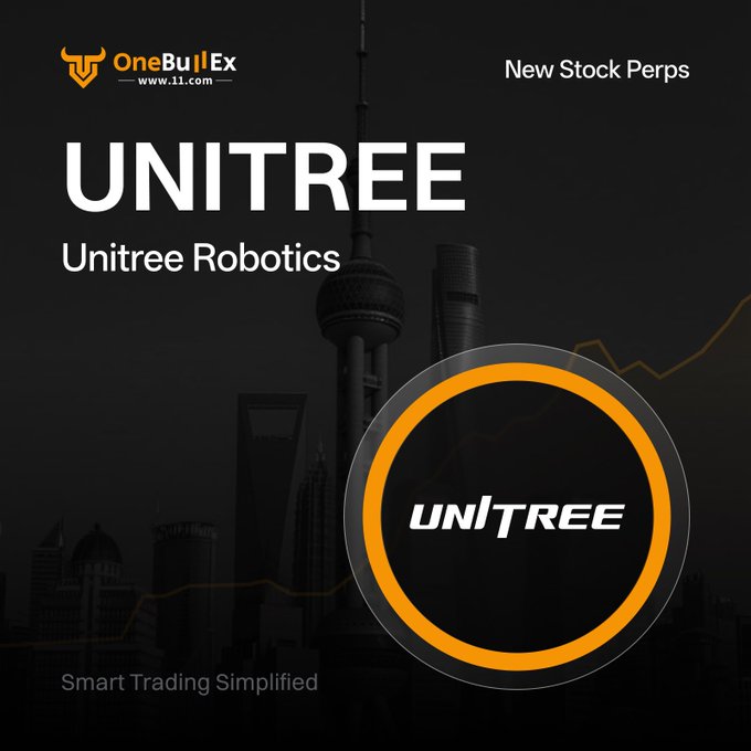 A promotional graphic for 'OneBullEx' (11.11) announcing 'New Stock Perps' for 'UNITREE' (Unitree Robotics), featuring a city skyline at dusk and the slogan 'Smart Trading Simplified'.