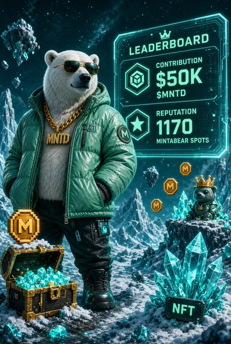 Digital illustration of a polar bear mascot wearing sunglasses, a gold 'MNTD' chain, and a green puffer jacket, standing in an icy landscape with a treasure chest of gems and a leaderboard showing '$50K CONTRIBUTION' and '1170 REPUTATION'.