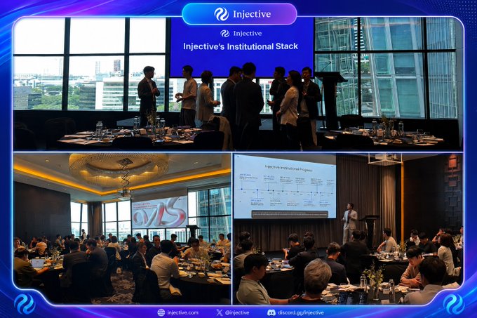 Three photos from an Injective 'Institutional Stack' presentation event with attendees networking and viewing slides at a conference.