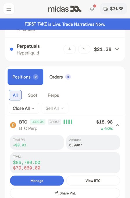 Mobile screenshot of the midas trading app showing a Hyperliquid perpetuals interface with a BTC long 3x position valued at $18.98, total P/L of +$0.03, and TP/SL set at $86,780.00 and $79,060.00.