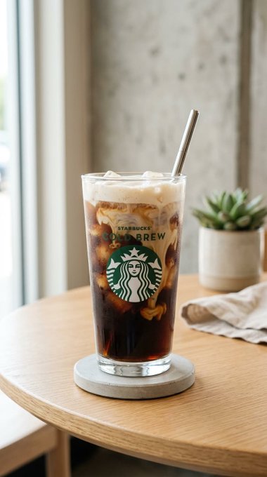 A Starbucks Cold Brew with cream swirling through dark coffee sits on a wooden café table, the "Starbucks Cold Brew" logo visible on the glass with a metal straw. The image pairs with the post's message about market cycles, visually echoing the idea of patience—suggesting that holding through the "cold brew" of a downturn leads to a sweeter payoff once recovery settles in.