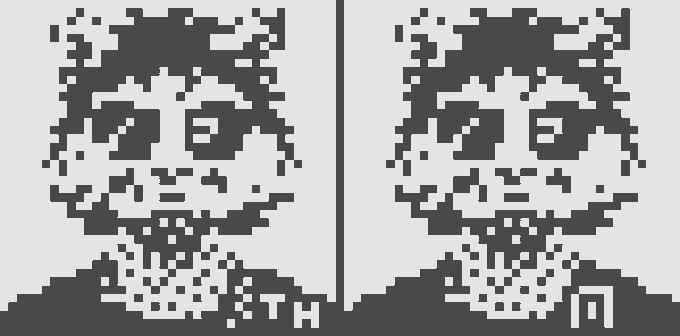 Two side-by-side pixel art portraits of a character with large eyes, with 'IN' labeled on the left and 'OUT' on the right.