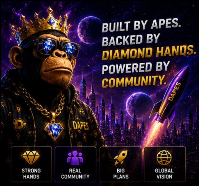 The image features a cartoon monkey wearing sunglasses and a crown, standing against a purple backdrop with a rocket ship flying above him. The caption of the image reads "Built by apes backed by diamond hands powered by community". This suggests that the image is related to a video game or an advertisement for a gaming company.

In addition to the monkey and the rocket ship, there are several other elements in the image such as a city skyline, planets, and stars. These elements contribute to the overall theme of space exploration and adventure. The caption also mentions "real community" and "Global vision", which implies that the game or advertisement is focused on fostering connections among players and promoting a shared sense of purpose within the gaming community.