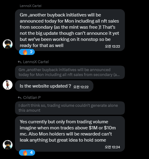 A Discord chat screenshot from Lennox Cartel discussing NFT buyback initiatives for Mon, with messages about trading volume and upcoming announcements.