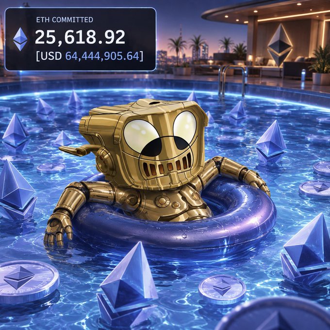 A golden robot character floating in a pool on an inner tube, surrounded by Ethereum logos, with text reading 'ETH COMMITTED 25,618.92 [USD 64,444,905.64]' and an Ethereum building in the background.