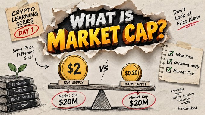 An illustrated educational graphic titled 'WHAT IS MARKET CAP?' comparing two coins at $2 and $0.20 with 10M and 100M supply, both resulting in $20M market cap.