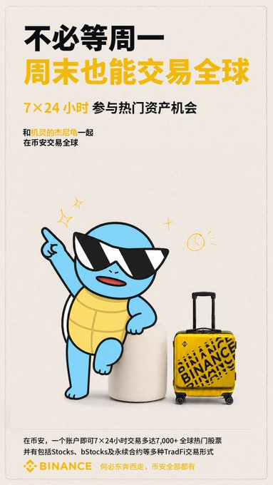A Binance promotional poster in Chinese features a cartoon turtle wearing sunglasses alongside a yellow suitcase, advertising 7x24 global stock trading.