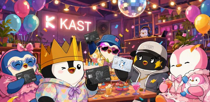 A group of colorful cartoon penguins celebrate at a vibrant party with a "KAST" neon sign, balloons, and a disco ball, while proudly displaying KAST/VISA branded cards. The festive, playful scene visually reinforces the post's message about KAST being an all-in-one financial app that consolidates banking, crypto, and international transfers into a single, user-friendly platform.