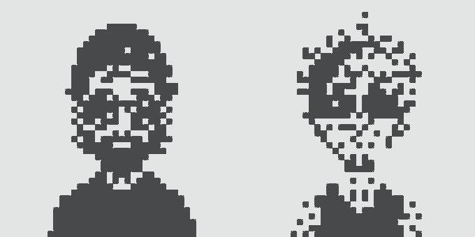 Two pixel art portraits of a man on a white background; the one on the left is solid, while the one on the right is partially dissolving into floating squares.