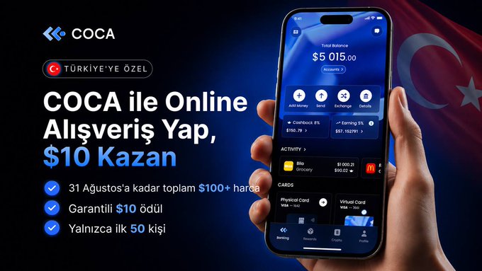 A promotional graphic for COCA's August campaign targeting Turkish users, featuring a hand holding a smartphone displaying the COCA app with a $5,015.00 total balance, alongside text offering $10 USDC rewards for spending $100+ on online shopping by August 31st, limited to the first 50 people. The image's Turkish flag and "Türkiye'ye Özel" (Special for Turkey) label align with the post's announcement of the guaranteed reward campaign.