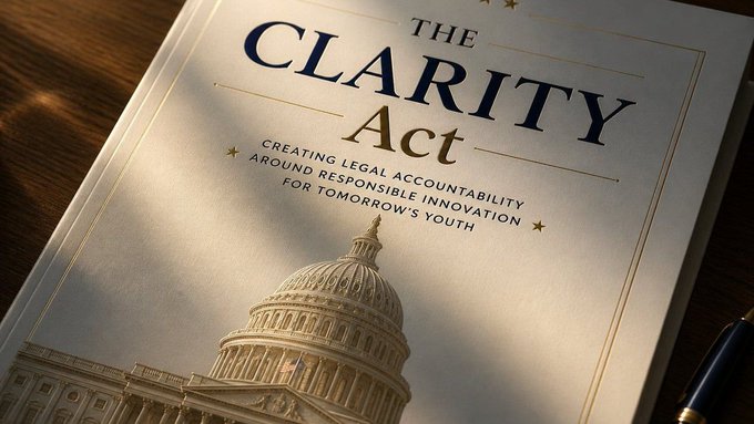 Cover document titled 'THE CLARITY Act' with the subtitle 'CREATING LEGAL ACCOUNTABILITY AROUND RESPONSIBLE INNOVATION FOR TOMORROW'S YOUTH', featuring an illustration of the US Capitol.