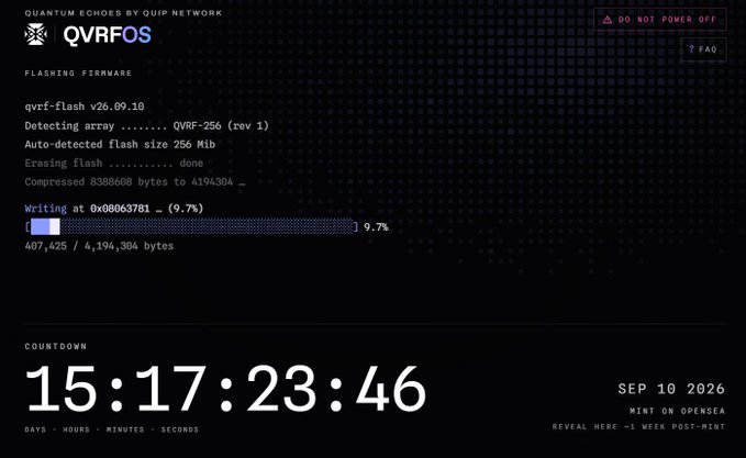 A digital interface displays a firmware flashing progress bar for 'QVRFOS' by 'QUIP NETWORK', with a countdown timer set to 'SEP 10 2026' and text indicating 'MINT ON OPENSEA'.
