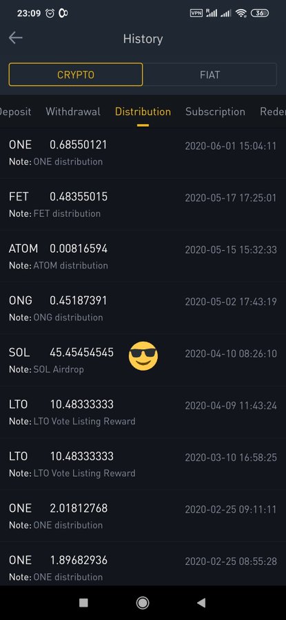 A cryptocurrency exchange app history screen showing the 'Distribution' tab with crypto distributions including ONE, FET, ATOM, ONG, SOL (Airdrop), and LTO (Vote Listing Reward) transactions from February to June 2020.