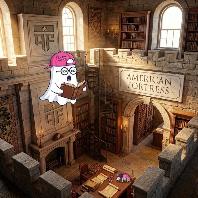An illustrated scene of a stone library or fortress with bookcases, arched windows, and the words "AMERICAN FORTRESS" inscribed on a stone wall. A cartoon ghost wearing a pink hat reading "You sew nothing" and glasses is reading a book, while a small mouse sits below near an open scroll.