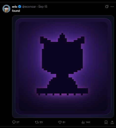 The post from @econoar on September 15 features a pixelated trophy icon glowing in dark purple. The image serves as a visual "found" graphic likely used to celebrate discovering or highlighting a piece of content.