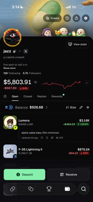 A smartphone screenshot of a crypto app showing a portfolio balance of $5,803.91, with holdings in Lumora ($3.16K) and F-35 Lightning II ($875.24).