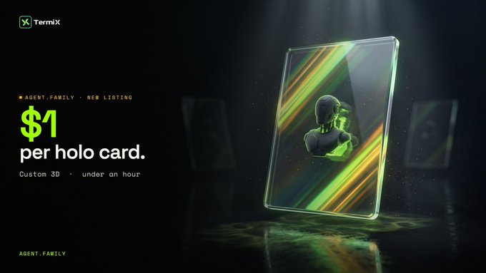 A promotional graphic for TermiX featuring a holographic 3D card with text reading '$1 per holo card. Custom 3D · under an hour'.