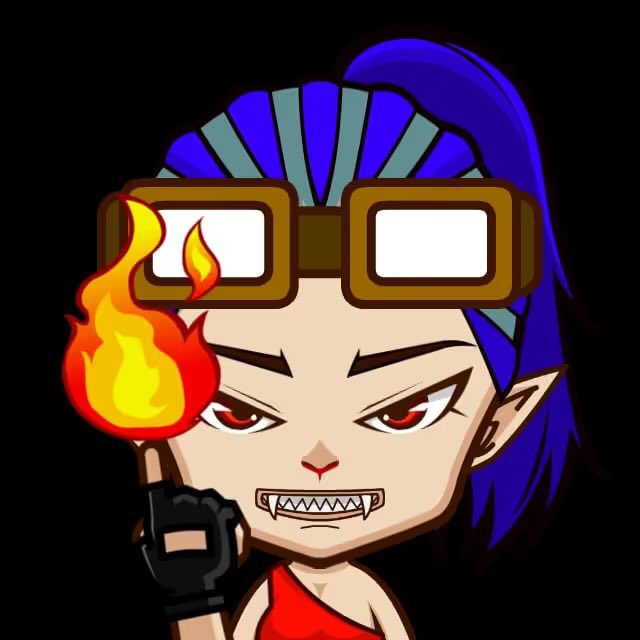 A stylized digital illustration of a fierce-looking anime character with blue hair, large goggles, pointed ears, and a toothy grin, holding up a finger with a flame on the tip.
