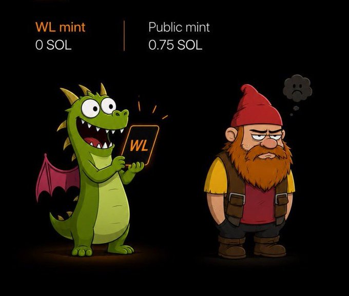 A cartoon green dragon excitedly holds a phone displaying "WL" next to a grumpy gnome, illustrating a comparison between "WL mint 0 SOL" and "Public mint 0.75 SOL" pricing tiers, cleverly highlighting the free whitelist mint advantage for early supporters of @tryquantio.