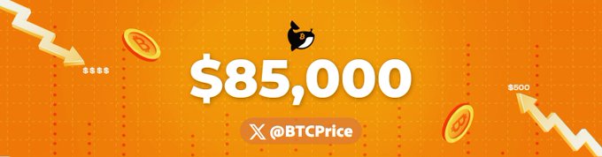 A graphic on an orange background shows the price '$85,000' in large white text, with the handle '@BTCPrice' and Bitcoin-themed icons.
