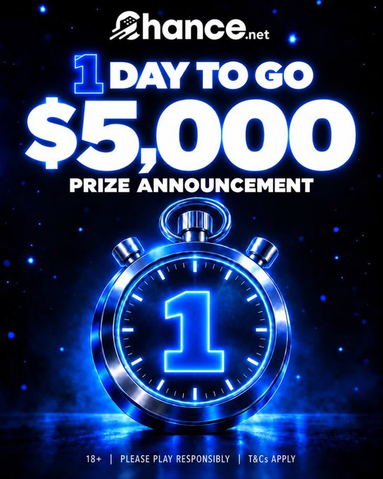 A promotional advertisement from chance.net announcing '1 DAY TO GO' for a $5,000 prize, featuring a large stopwatch graphic with a blue neon '1' against a dark, starry background.