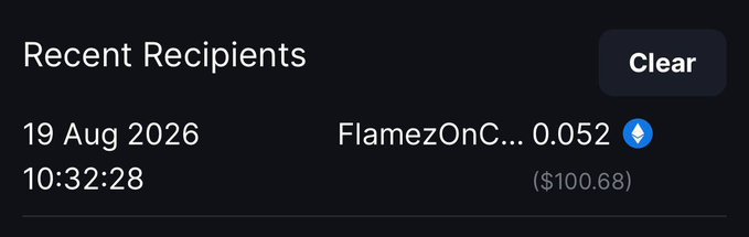 A "Recent Recipients" transaction history screenshot dated 19 Aug 2026 at 10:32:28 shows 0.052 ETH (~$100.68) being received from "FlamezOnC..." to a Metawin account, confirming the $100 deposit mentioned in the post.