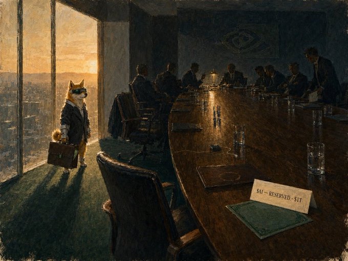 A painting-style image showing a dog in a business suit holding a briefcase, standing by a window at sunset in a boardroom where people in suits are seated around a long table; a name card reads "$it - RESERVED - $it."