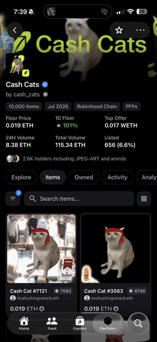 The image shows the OpenSea page for the "Cash Cats" NFT collection with 10,000 items, a floor price of 0.019 ETH, 24H volume of 8.38 ETH, and 2.6K holders, displaying items like "Cash Cat #7121" and "Cash Cat #3563." This relates to the post questioning why the $CASHCAT team hasn't elevated the NFT collection, as the relatively low floor price suggests underperformance despite the project's size.