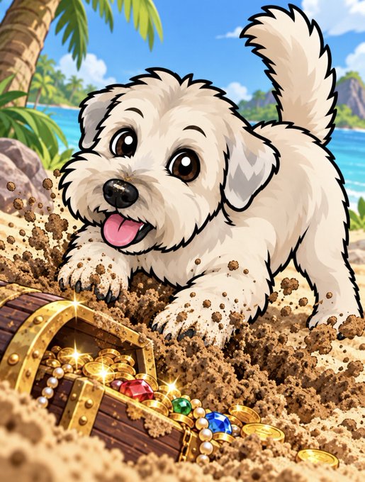 An illustrated cartoon of a fluffy white dog happily digging up a treasure chest filled with gold coins, pearls, and colorful gemstones on a tropical beach.