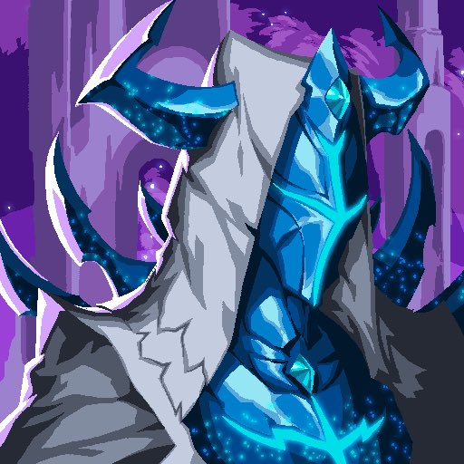 An illustration of a dark, cloaked figure wearing a glowing blue, spiked, crystal-like mask or helmet against a purple background.