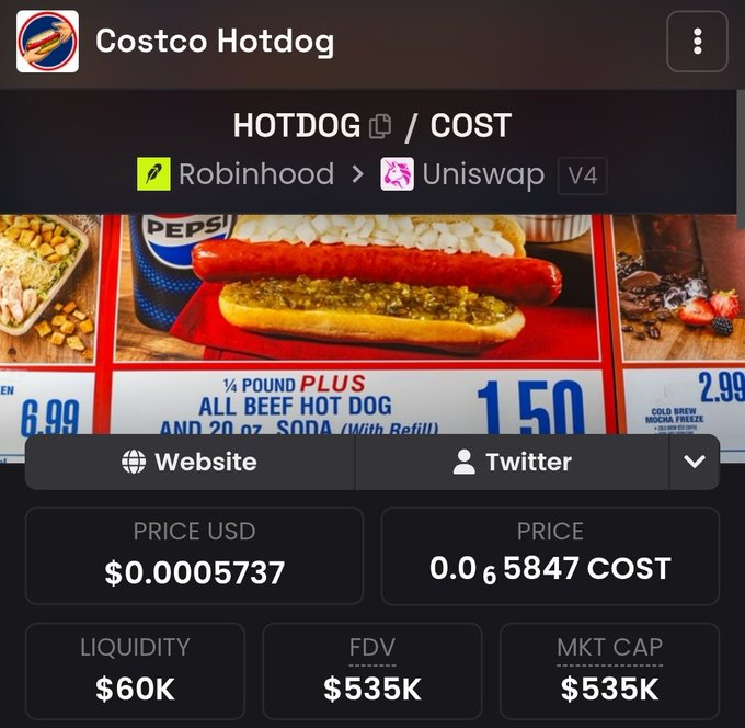 A screenshot of the $HOTDOG token page on Robinhood via Uniswap V4 shows a price of $0.0005737 USD (0.065847 COST) with $60K liquidity and a $535K market cap, visually overlaid on a Costco hotdog combo priced at $1.50 to highlight the meme coin's ironic branding tied to Costco's famously affordable food.