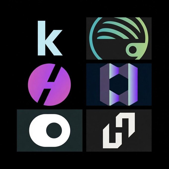 The image features six different logos, each with a unique color scheme and design. The logos are arranged in two rows of three against a black background. The first row includes a purple logo, an orange logo, and a white logo. The second row has a green logo, a blue logo, and a gray logo. Each logo is accompanied by the text "K" at the top center of the image.