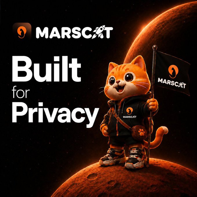 A charming orange tabby mascot in MarsCat apparel plants a branded flag on a Mars-like planet against the text "Built for Privacy" and the MarsCat logo, visually reinforcing the post's message of a privacy-first, decentralized Web3 network with no central servers or KYC.